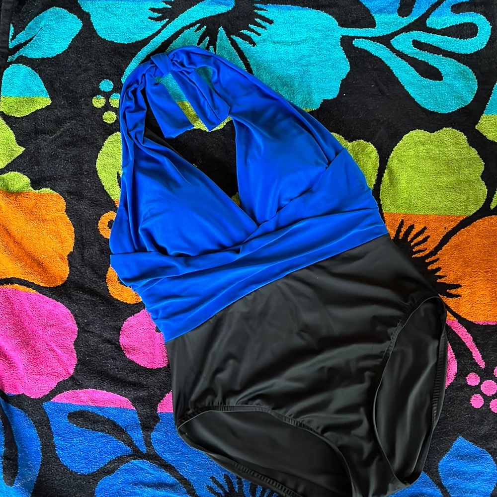Blue and black one piece bathing suit. worn one time. size 16. full coverage
